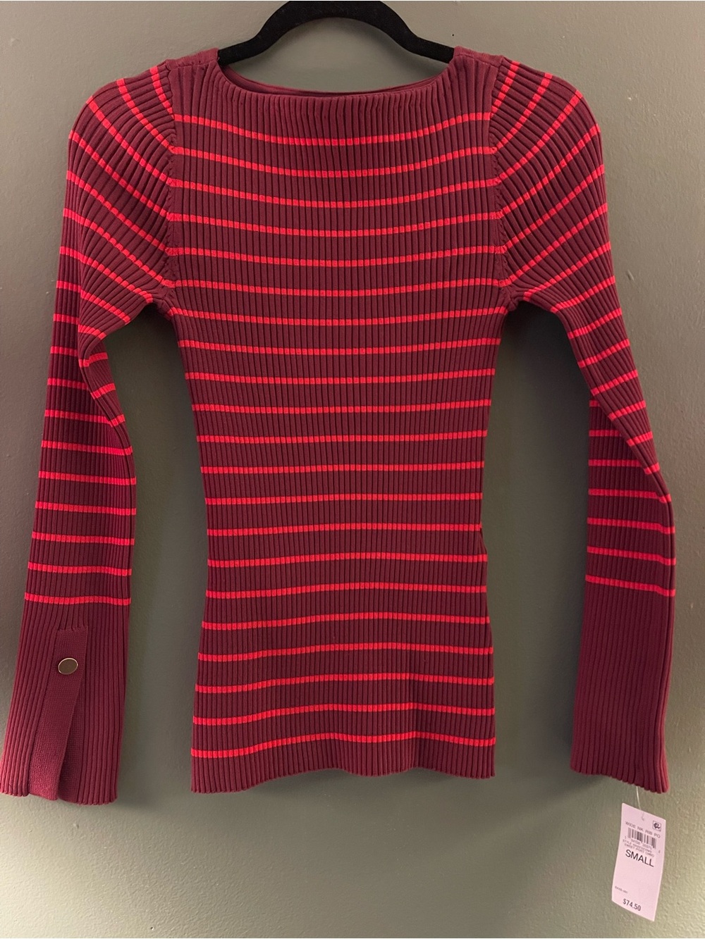 INC International Concepts Red and Burgundy Striped Ribbed Long-Sleeve Top